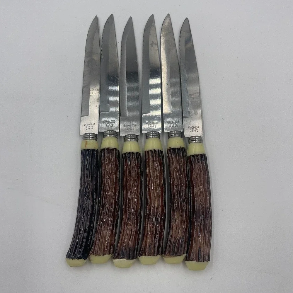 Mid Century Set of‎ 6 Vintage Steak Knives Stainless Steel Japan Faux Antler